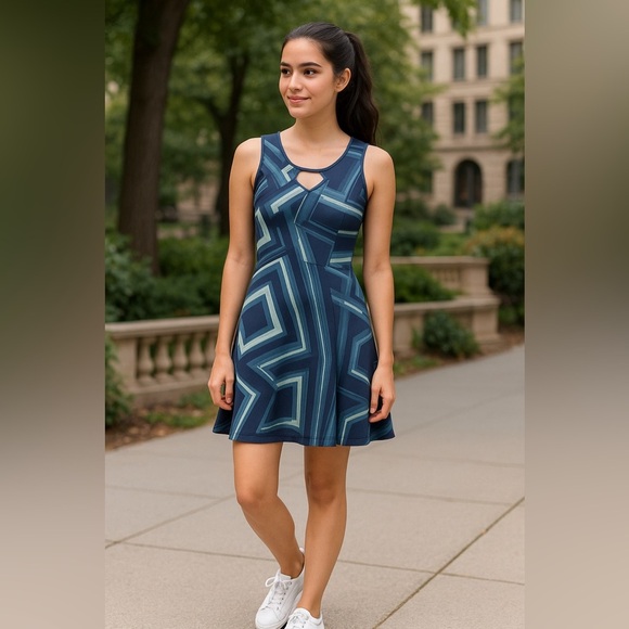 Lole Black & Blue Geometric Sleeveless Stretch Dress | Size Small Summer Style - Picture 1 of 6